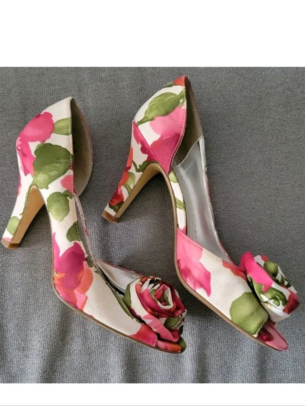 Y2k Michelangelo Bloom Satin Peep Toe Rose Bud Pumps Heels Leather Pink Sage 7.5